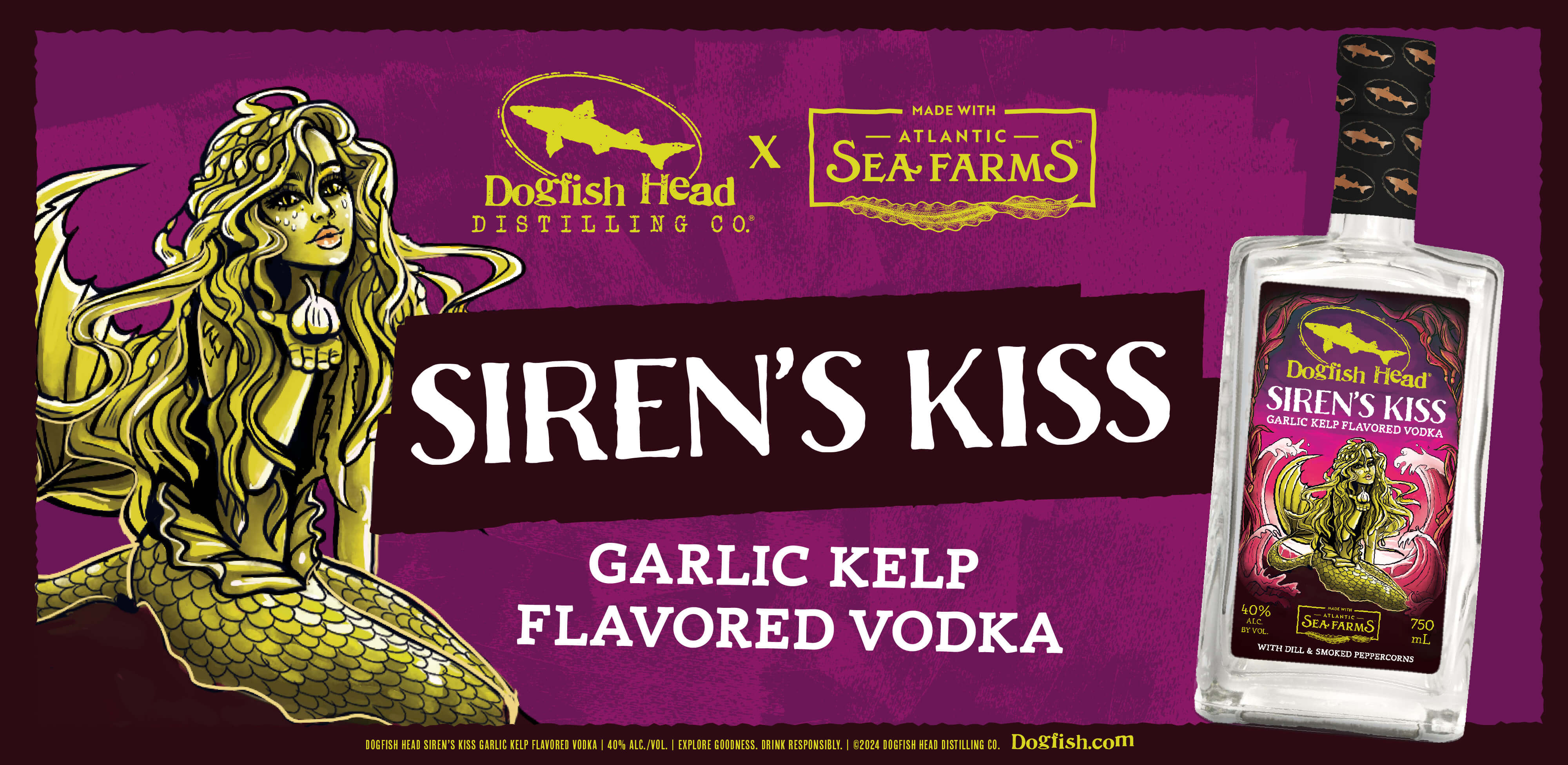 Siren's Kiss Kelp Flavored Vodka label and release with a mermaid made of seaweed
