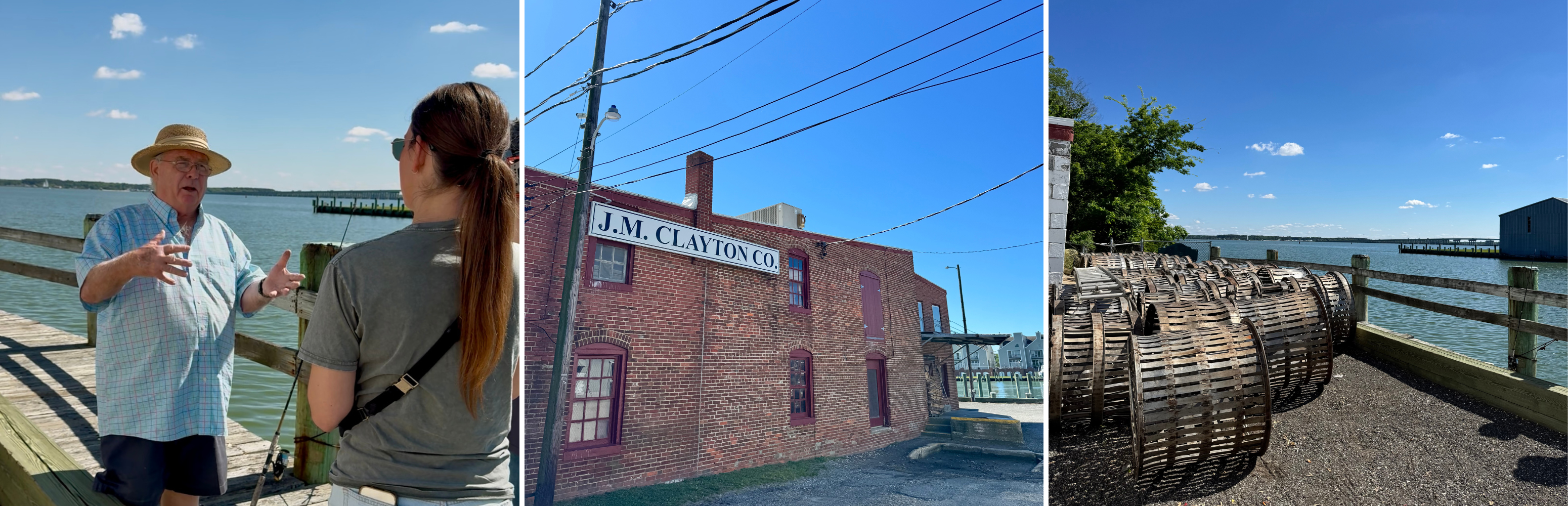 Photo of Jack Brooks. Photo of JM Clayton Seafood Company exterior. Photo of Choptank River outside of JM Clayton Seafood Company.