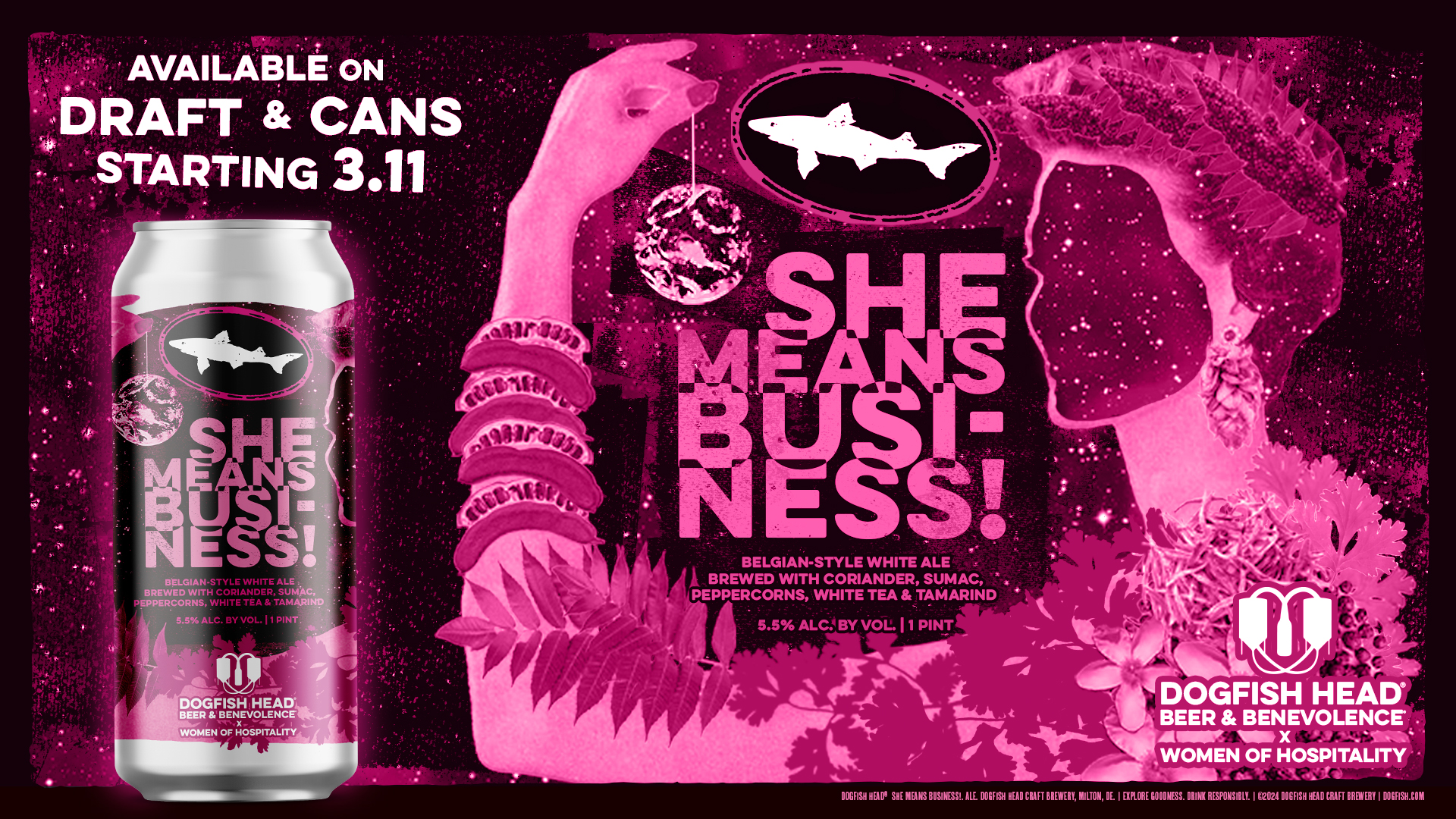She Means Business beer release label with cartoon of woman with her arm up 