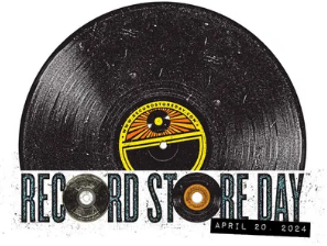 Logo for Record Store Day 2024 with an illustrated vinyl record in the center and 7 inch records replace the letter O in the name
