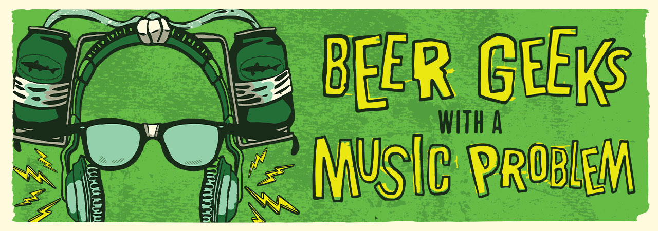 Beer Geeks with a Music Problem - an illustrated image of a hat with beer cans on the side with headphones and glasses.