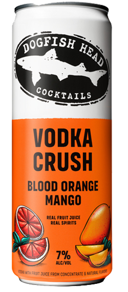 Can of Blood Orange Mango Vodka Crush with illustrations of oranges and mangos on a half orange half white backdrop