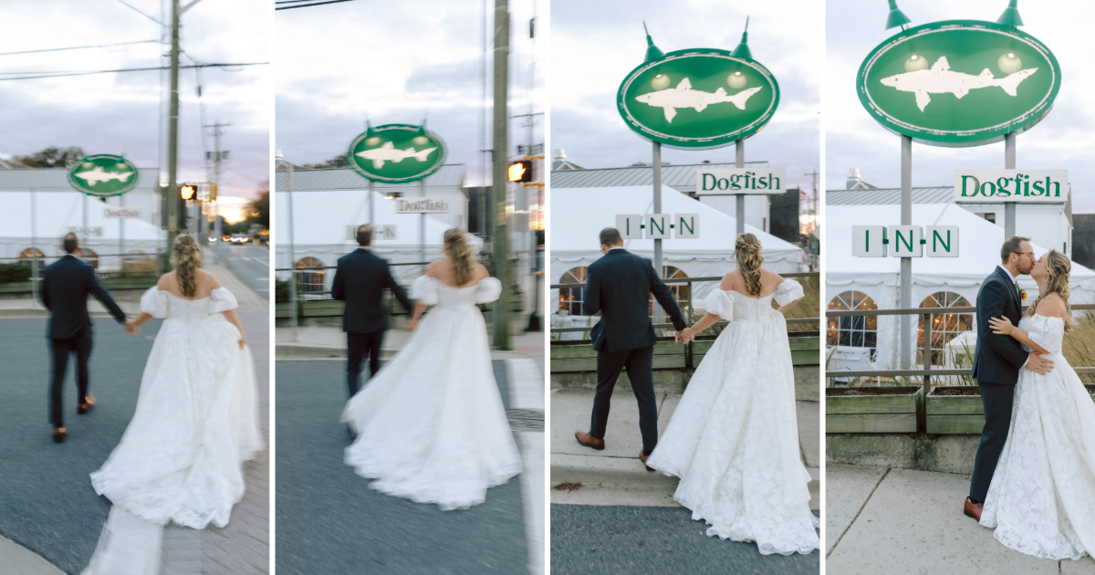 a bride and groom posing in front of the dogfish inn sign