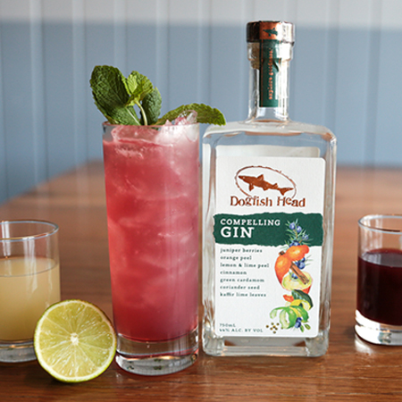 Bottle of Compelling Gin next to cocktail glass garnished with mint, sliced lime and cocktail ingredients surrounding