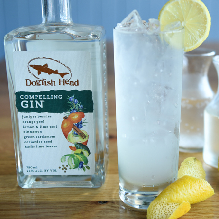 Compelling Gin bottle next to a cocktail glass garnished with lemon slice 