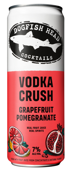 Can of Grapefruit Pomegranate Vodka Crush with illustrations of grapefruit and pomegranates  on a half pink orange white backdrop