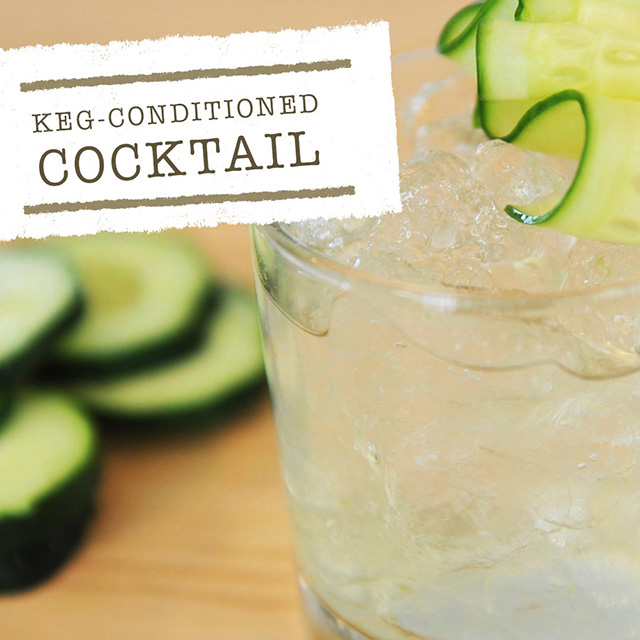 Keg conditioned badge with a drink in the background being garnished with cucumber
