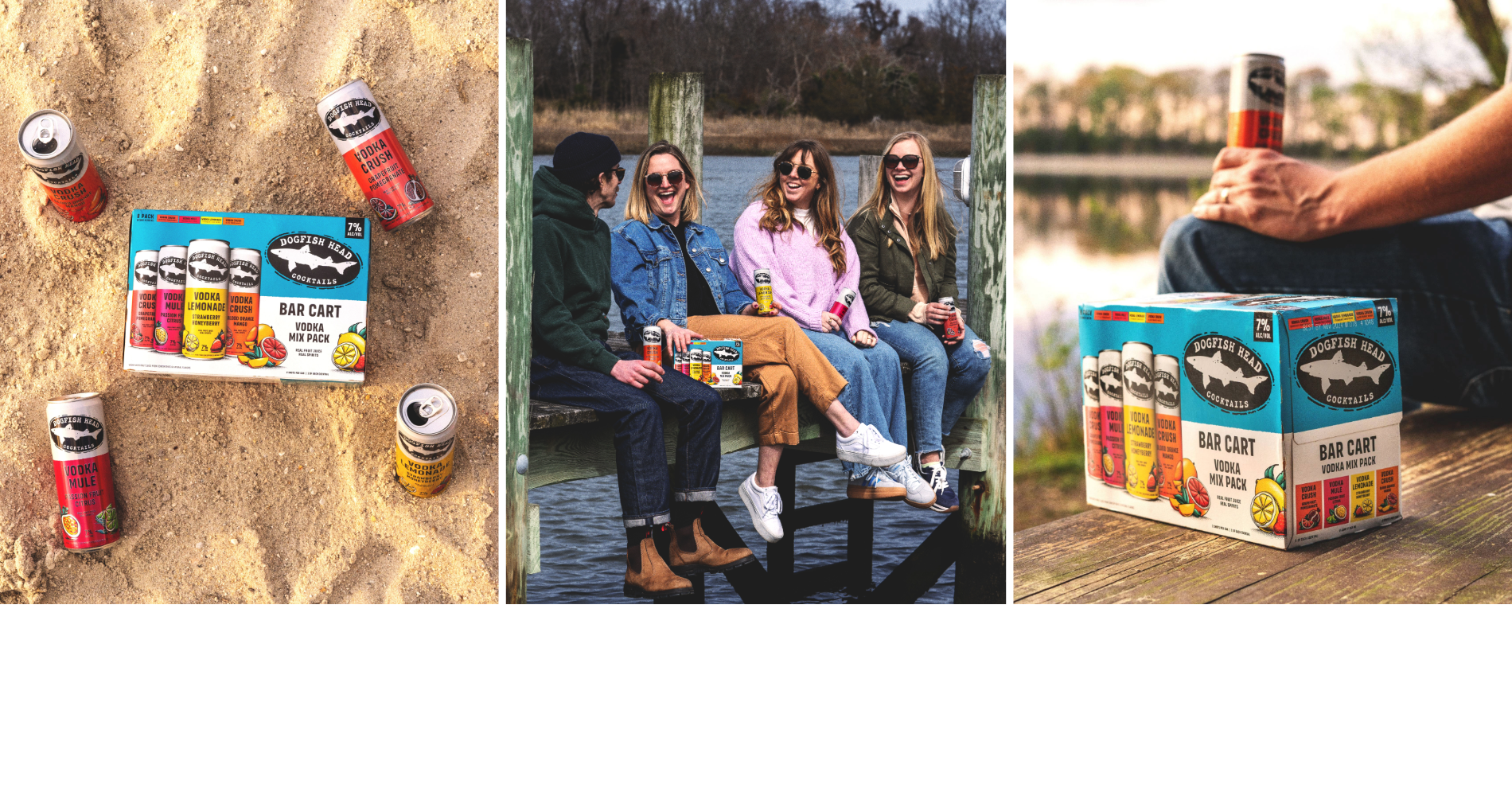 Bar Cart Variety Pack of canned, ready-to-drink cocktail on a dock with a body of water behind it 