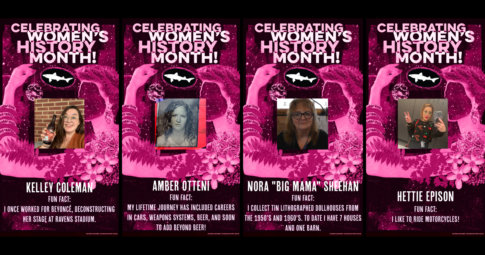 Women's History Month - four posters side by side of Dogfish Head coworkers and fun facts about them 