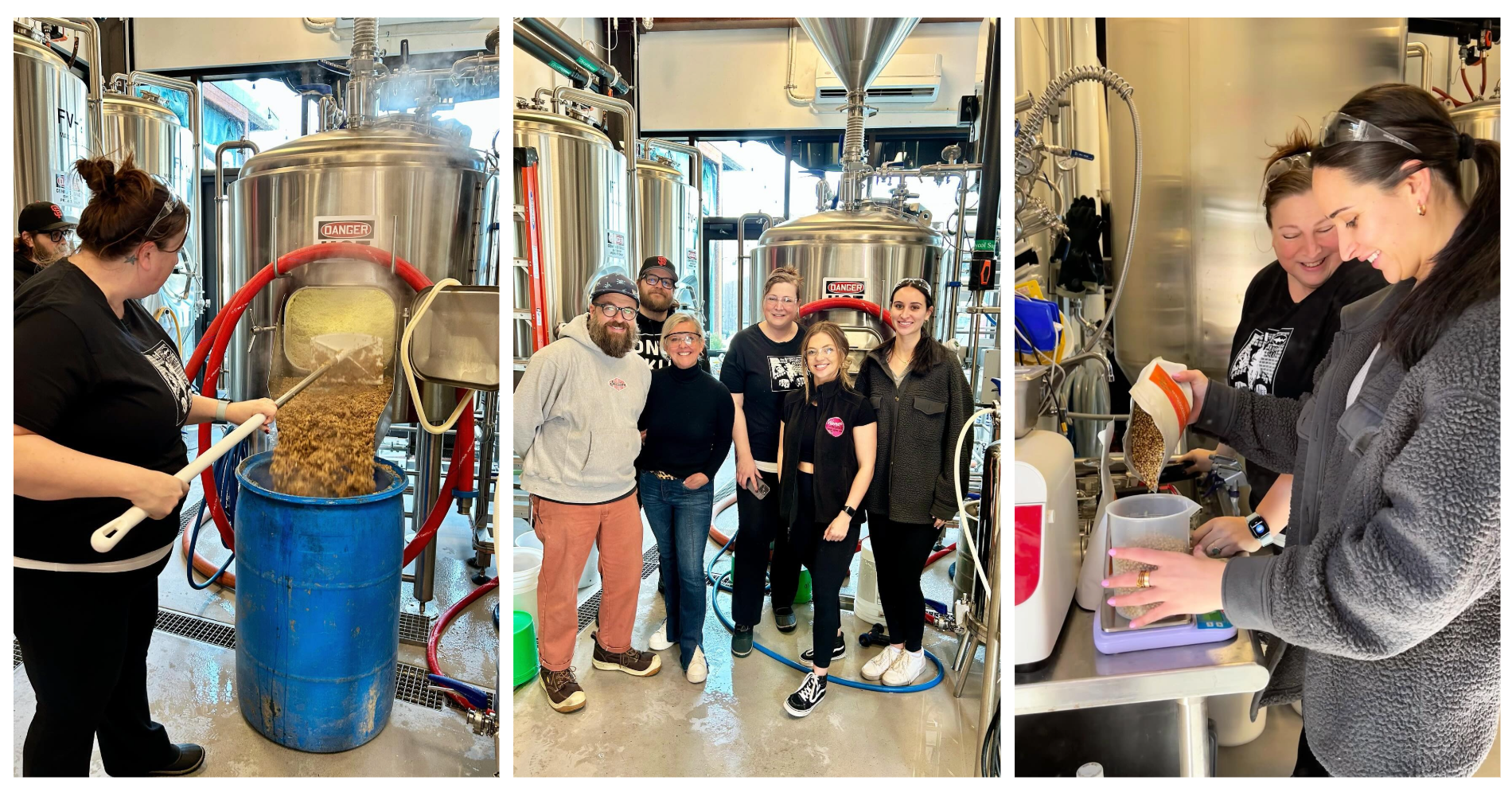 Three photos of women brewing beer