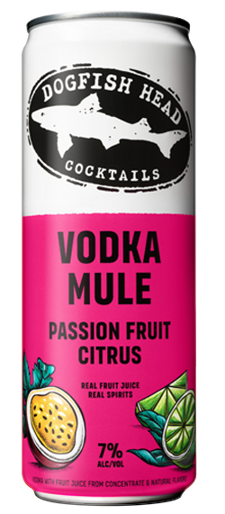 Can of Passionfruit Citrus Vodka Mule with illustrations of passionfruit a limes on a half pink half white backdrop