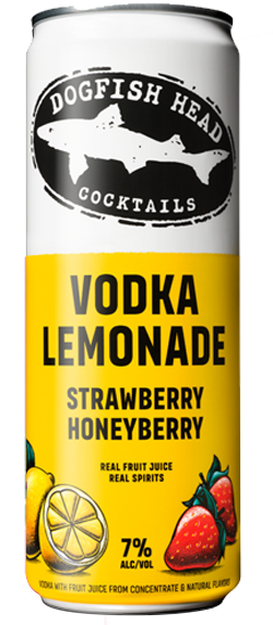Can of Strawberry Honeyberry Vodka Lemonade with illustrations of strawberries and honeyberries on a half yellow  half white backdrop