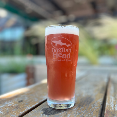 pint of golden lager, that has a pink tint, atop a picnic table