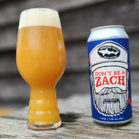 Dogfish Head beer Don't be a Zach that is hazy straw in color with a white head in an IPA glass next to a can of the beer that has a blue label.