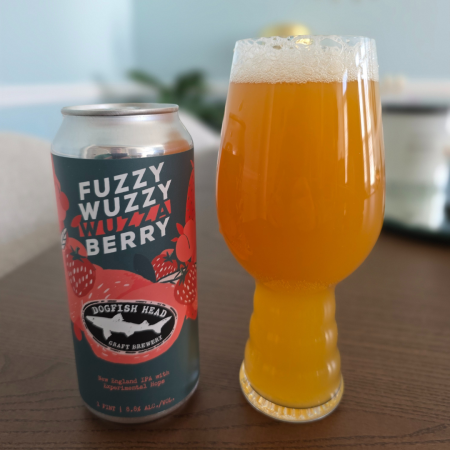 Dogfish Head beer Fuzzy Wuzzy Wuzza Berry in an IPA glass next to a can of the beer