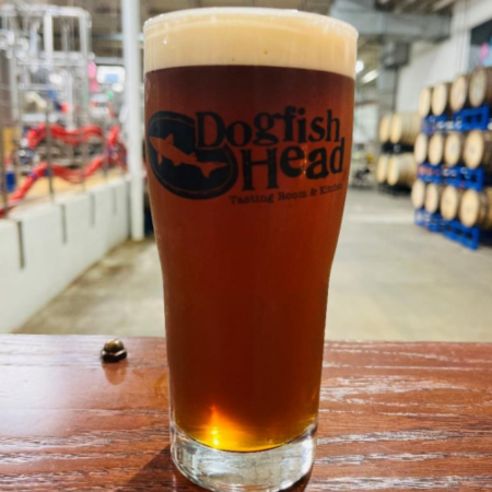 Dogfish Head beer How Many Beans Make Five, a dark mild beer, in a pint glass