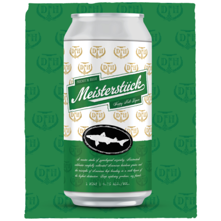 White and green can of Meisterstuck Hoppy Malt Liquor Beer with Dogfish Head logo on a green background
