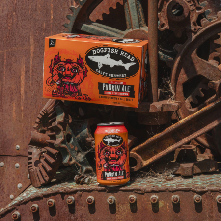 Dogfish Head Punkin Ale 12 oz can sitting on a metal art fixture