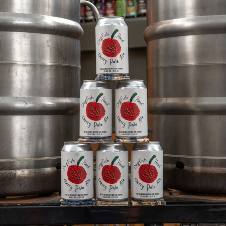Dogfish Head Cherry Pale Ale six 12 oz cans stacked into a pyramid