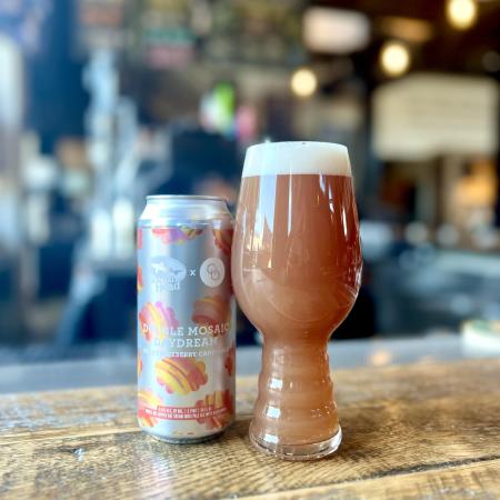 A silver can with pink, yellow and orange designs next to a glass full of beer that is hazy and has a pink-ish hue. The can says "A Double Mosaic Daydream About Blueberry Cannibals" 