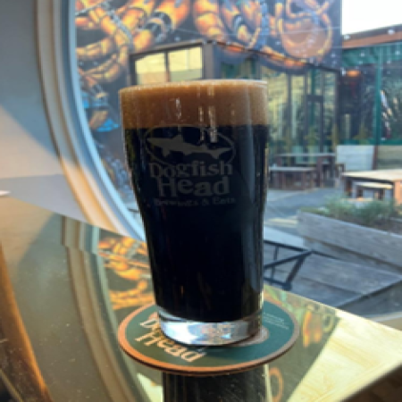 Ladies and Gentlemen…The Almond Butters dark beer in a dogfish glass