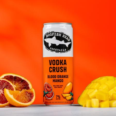 New Blood Orange & Mango Vodka Crush packaging with real blood orange fruit and mango next to the can