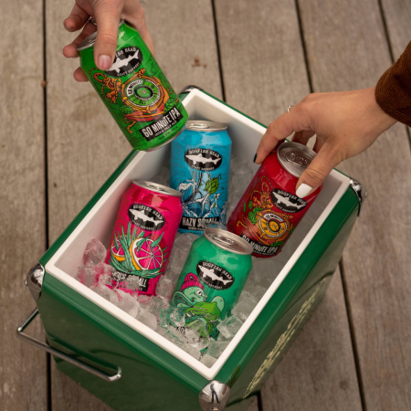 Dogfish Head beers with brand new coastal grit packaging in a small cooler on a dock