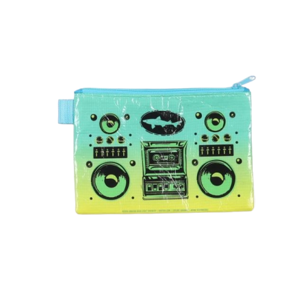 Small rectangular pouch with a blue zipper and teal-to-yellow gradient design featuring a black boombox graphic and Dogfish Head logo.
