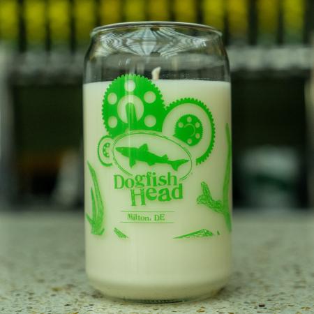 Dogfish Head Treehouse Can Glass Candle With White Candle and Green Gear Design On the Front
