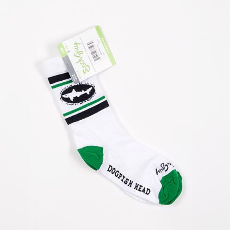 A pair of white retro-style socks with black and green Dogfish Head accents