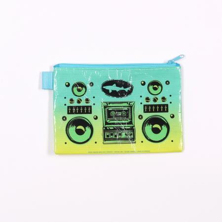 Small rectangular pouch with a blue zipper and teal-to-yellow gradient design featuring a black boombox graphic and Dogfish Head logo.
