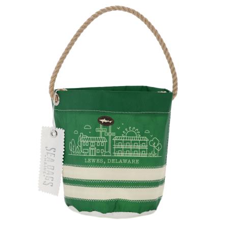 Green Dogfish Head bucket bag with white nautical stripes and an illustration of buildings labeled “Lewes, Delaware,” featuring a Dogfish Head logo above and a rope handle.