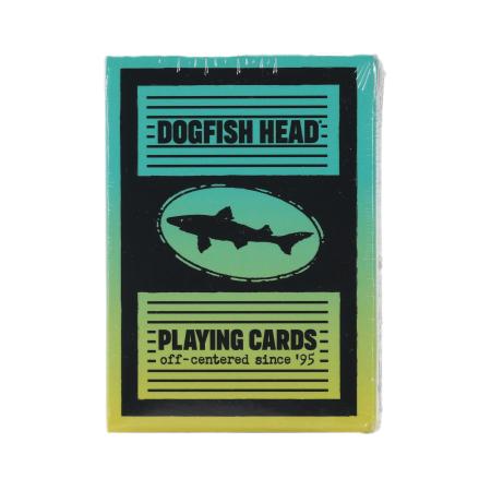 Dogfish Head playing cards in a teal and yellow gradient box with a bold black frame, Dogfish Head logo, and text that reads “Playing Cards – off-centered since ‘95.”
