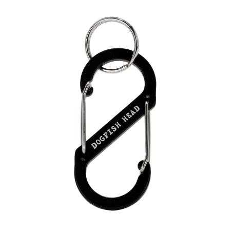 Black Dogfish Head carabiner with dual spring clips and keyring, featuring white Dogfish Head text branding.
