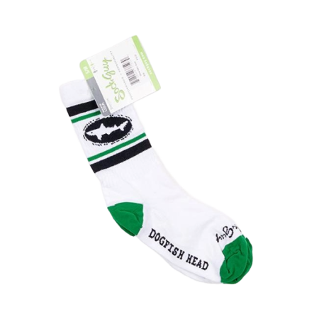 A pair of white retro-style socks with black and green Dogfish Head accents