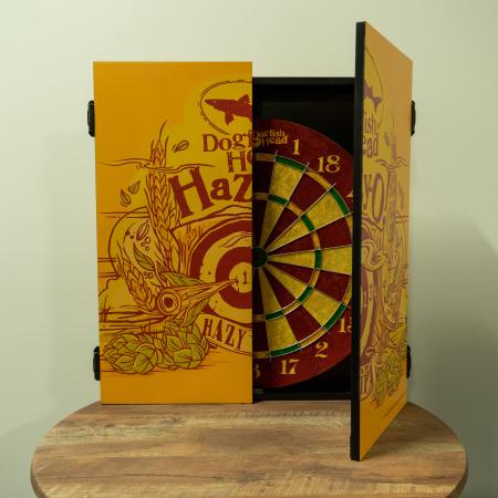 Dogfish Head Hazy O Dartboard in Yellow with Hazy O Artwork on Front and Black Chalkboard Inside for Score Keeping