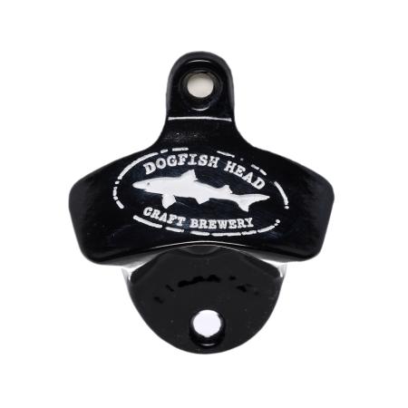 Black colored metal wall opener. pre-drilled holes for wall hanging. White Dogfish Head logo 
