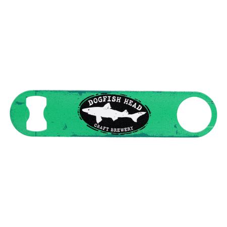 Crack open your favorite brew with this lime green Dogfish Head paddle opener. With its distressed finish and bold Dogfish Head Craft Brewery logo, this flat bar-style tool is equal parts functional and eye-catching. The dual-end design makes opening bott