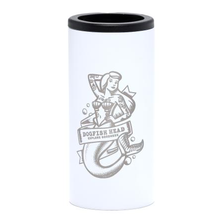 White Dogfish Head slim can insulator featuring a detailed mermaid illustration and the phrase “Explore Goodness” in a tattoo-style design.