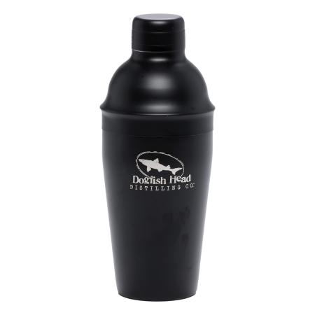 Matte black Dogfish Head Distilling Co. cocktail shaker with a silver logo on the front.