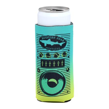 Dogfish Head slim can cooler with a teal and yellow gradient and a retro stereo boombox graphic featuring dials, sliders, and a large speaker.