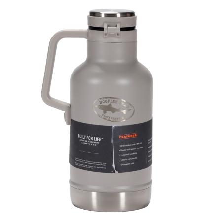 64oz Dogfish Head Stanley Growler in ash gray with stainless steel base and lid, featuring Dogfish Head logo on one side and Stanley branding on the other.