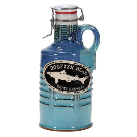 Front view of a ceramic Dogfish Head growler with a raised black and cream brewery logo and blue glaze.