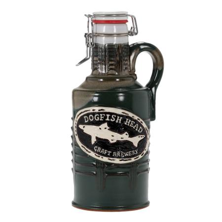 Hunter green ceramic growler with a swing-top lid, sturdy handle, and raised Dogfish Head Craft Brewery logo on the front.