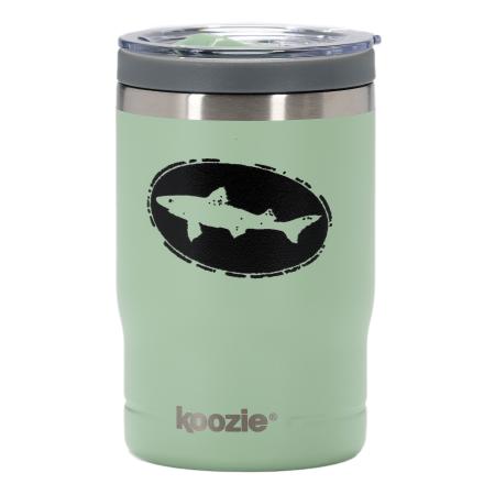Sage green 12oz Koozie® insulated can cooler with a black Dogfish Head shark logo and clear plastic slide-top lid.