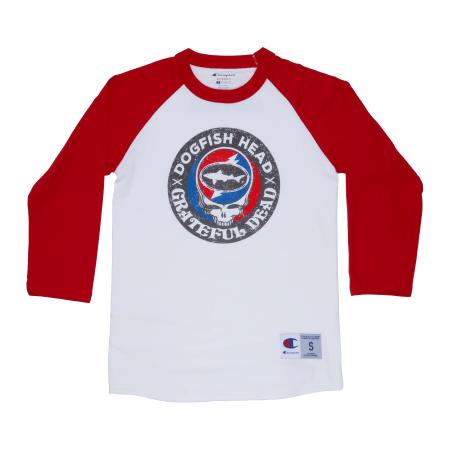 A white base baseball tee with red sleeves and trim with the Dogfish Head x Grateful Dead logo on the front.