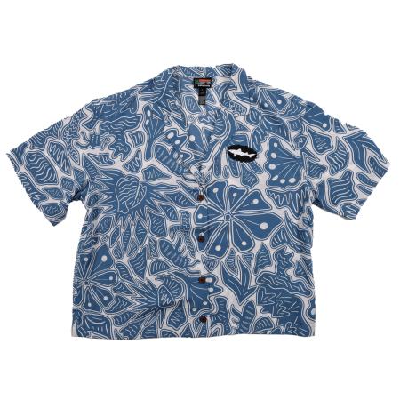 Front view of a short-sleeve Patagonia button-up shirt featuring an all-over blue and white abstract floral and leaf pattern, with a black and white Dogfish Head shark logo patch on the left chest.