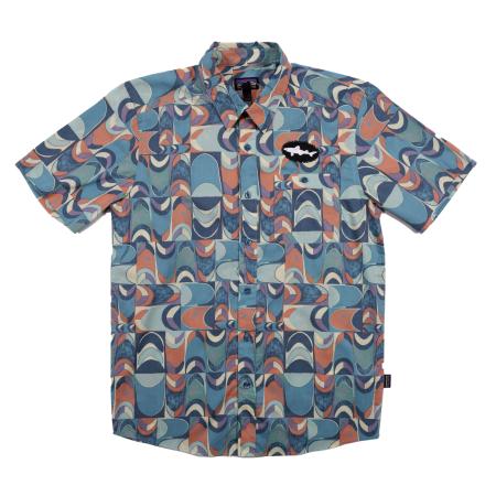 Front view of a short-sleeve Patagonia button-up shirt featuring a vibrant retro geometric print in shades of teal, coral, cream, and navy. The left chest is detailed with a black oval Dogfish Head shark logo patch.