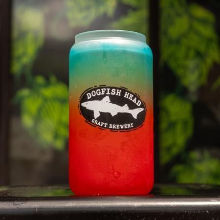 Front view of a Dogfish Head color-changing can glass showing a red-to-teal ombre effect with black Dogfish Head logo.