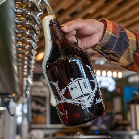 Dogfish Head 64oz Growler in Brown Amber with Cap and Treehouse Steampunk Design